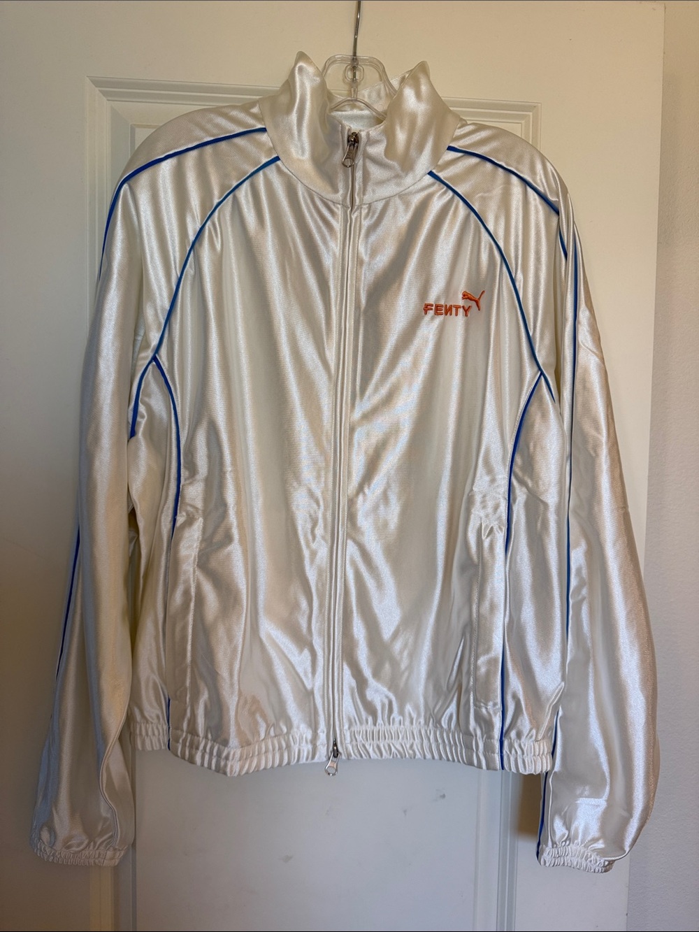 FENTY White Satin Bomber Jacket with Blue Piping